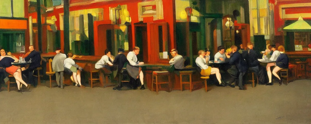 Image similar to a lively group of beer lovers drinking at a pub in the city next to a local park, picture in the style of edward hopper, clear faces