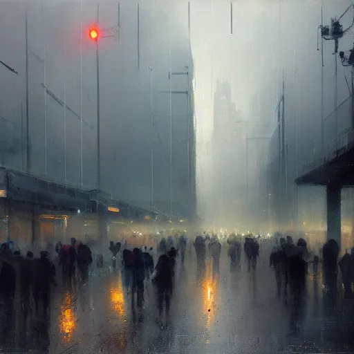 Prompt: dallas skyline, street scene, light rain and gentle fog, people crowding, painting by jeremy mann