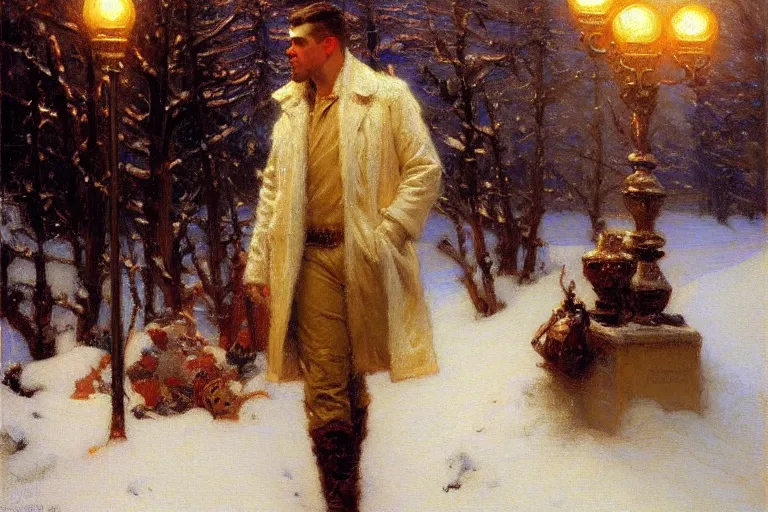 Image similar to winter, attractive male, neon light, painting by gaston bussiere, craig mullins, j. c. leyendecker