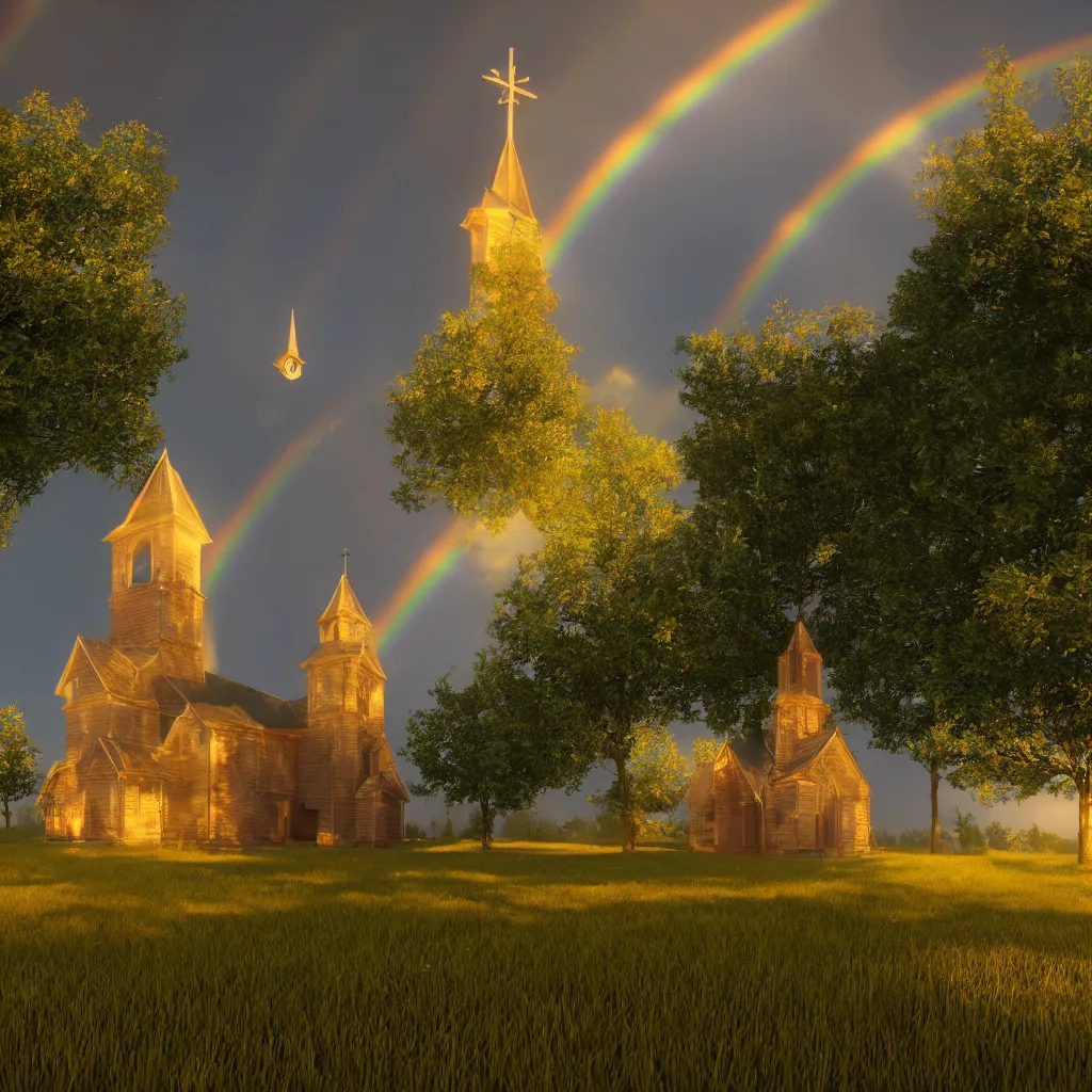 Prompt: iridescent chapel with a steeple in an old green courtyard meadow, gold and blue glow sparkles floating around in the air and sky, rainbows atmospheric, volumetric, photoreal, unreal engine, ray - tracing, film still, artstation, 8 k