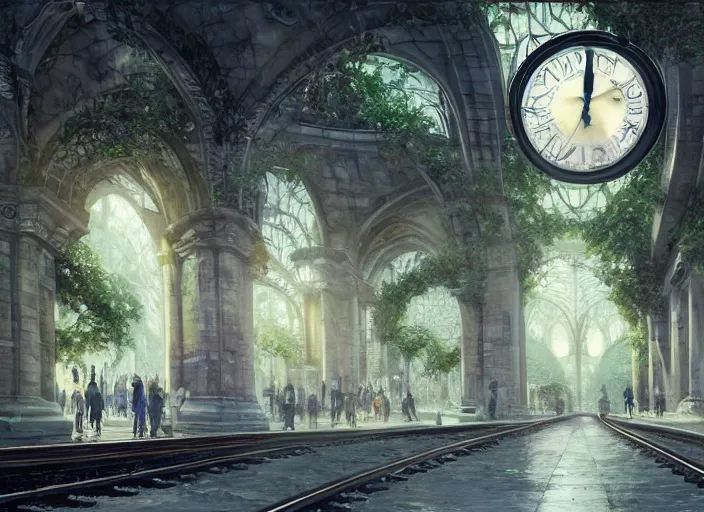 Image similar to A train subway inside a beautiful elven city made of white marble, anime, lush trees, fountain, statue, big clock, information desk, trains, train tracks, a fantasy digital painting by Greg Rutkowski and James Gurney, trending on Artstation, highly detailed