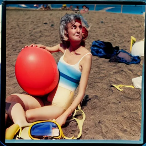 Prompt: A sad woman wearing a happy inflatable toy to the beach, 1980, color film expired film, aged photo, fellini almodovar john waters, wim wenders