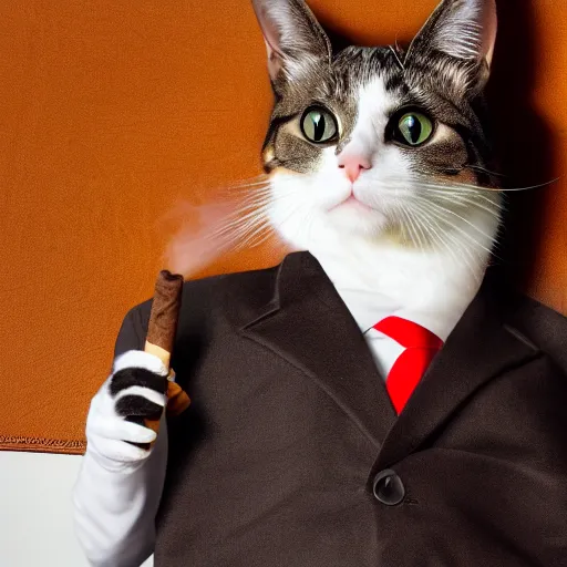 Image similar to a high detail closeup shot of a cat wearing a suit and smoking a cigar