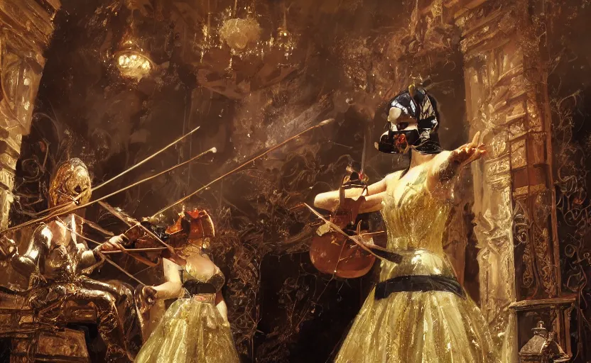 Prompt: craig mullins and ghibli digital art of on the stage of the theater, a masked female violinist performs solo, dressed in exotic costumes, gold jewelry, and black hair realistic shading, cinematic composition, realistic render, octane render, detailed textures, photorealistic, wide shot