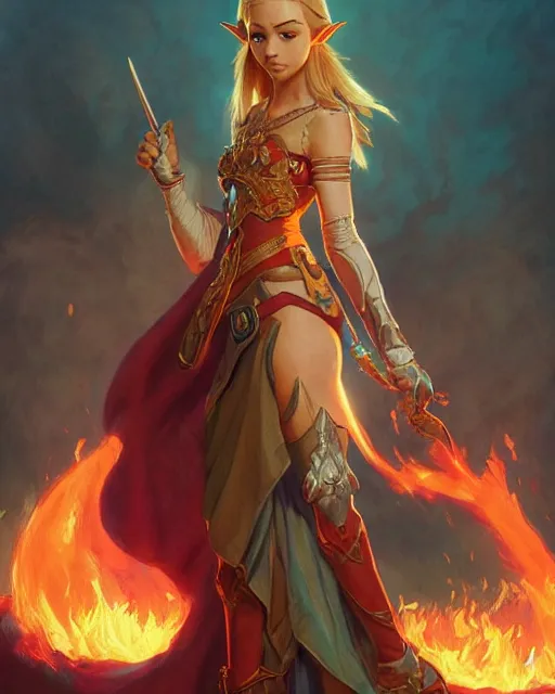 Prompt: zelda, full body photo, flames everywhere, highly detailed, digital painting, artstation, concept art, smooth, sharp focus, illustration, art by artgerm and greg rutkowski and alphonse mucha