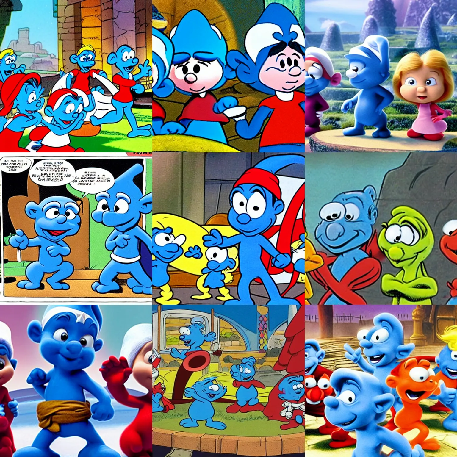 Prompt: scene from an episode of the smurfs by peyo, with marvel's avengers