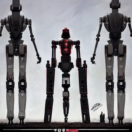 Prompt: propaganda poster of robots and humans standing side by side, side view photo, by greg rutkowski