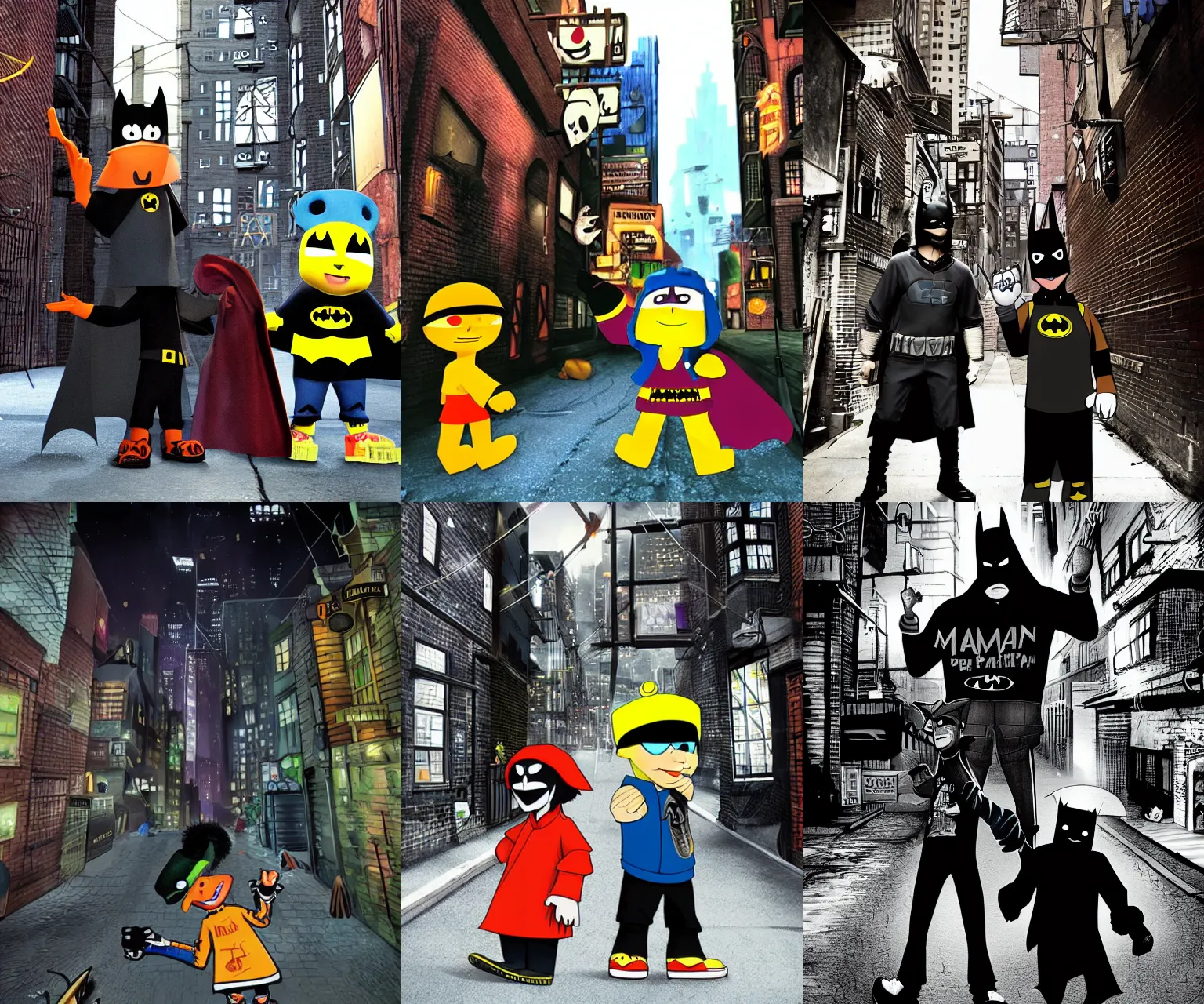 Prompt: Parappa the Rapper and Batman in Crime Alley, Gotham City.