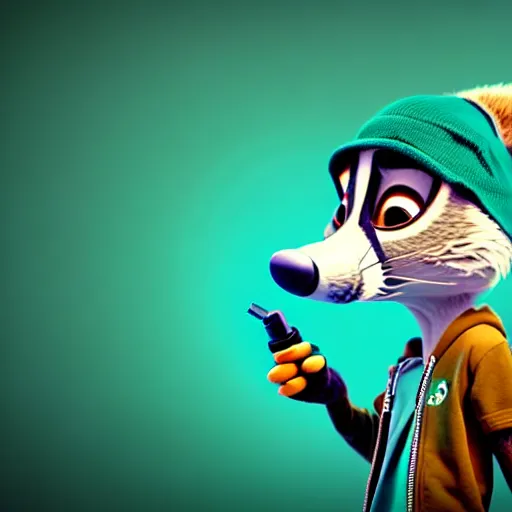 Prompt: a very relaxed stoner with a black hoodie on with a furry raccoon head from zootopia, wearing teal beanie, holding a small vape, blowing out smoke, 3 d render, 8 k, extremely detailed fur, wearing a cool marijuana t - shirt