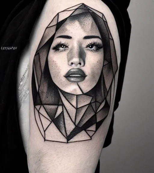 Image similar to blend of a hyper realistic mountain scenery with a beautiful woman face, tattoo design sketch, in the style of matteo pasqualin, hyper - realistic, amazing detail, black and white