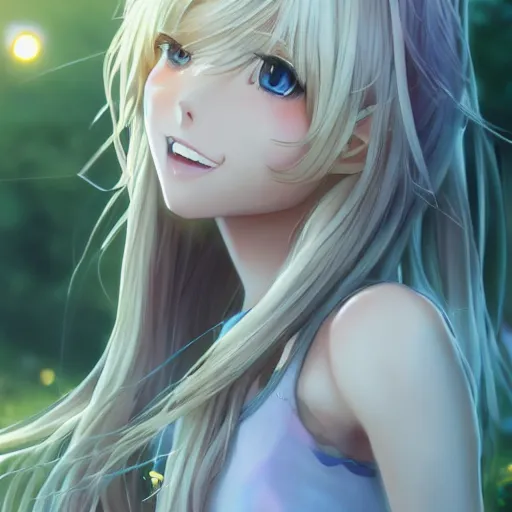 Image similar to a very beautiful anime girl, full body, long wavy blond hair, sky blue eyes, full round face, short smile, cute top, short jeans, summer lake setting, cinematic lightning, medium shot, mid-shot, highly detailed, trending on Artstation, Unreal Engine 4k, cinematic wallpaper by Stanley Artgerm Lau, WLOP, Rossdraws, James Jean, Andrei Riabovitchev, Marc Simonetti, and Sakimichan