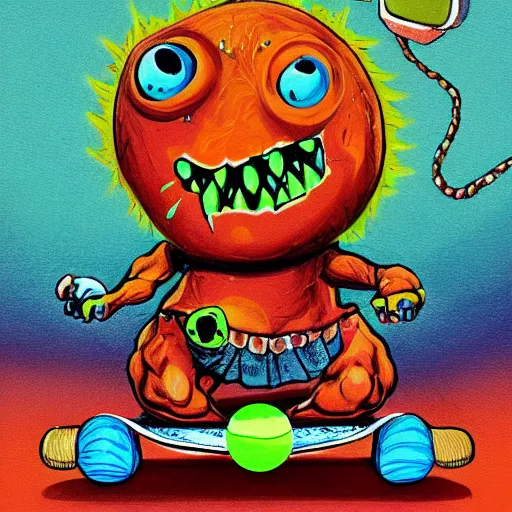 Image similar to a skateboard tennis ball monsters, colorful, digital art, fantasy, magic, chalk, trending on artstation, ultra detailed, professional illustration by basil gogos