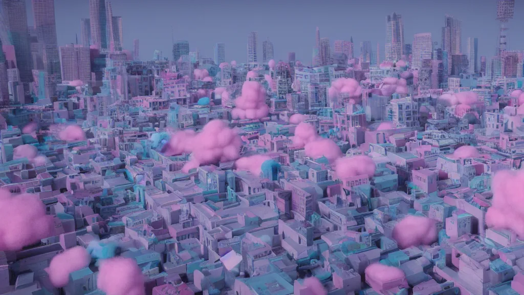 Image similar to a city made of cotton candy, octane render, 8 k, photorealistic