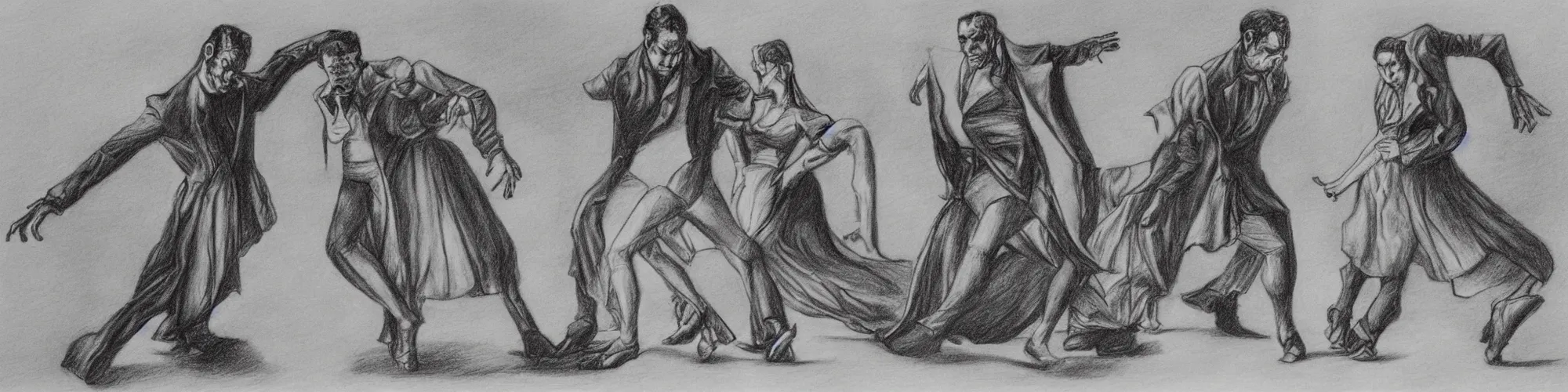 Image similar to frankenstein and his bride doing the silly walk in the ministry of silly walks, motion study, pencil drawing, very detailed, very silly
