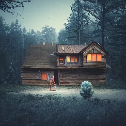 Image similar to woman leaving her wooden broken house by simon stålenhag, very highly detailed, award winning, rendered by Beeple, by Makoto Shinkai, syd meade, starwars, space art concept, digital art, unreal engine, blender, WLOP, trending on artstation, 4K UHD image, octane render