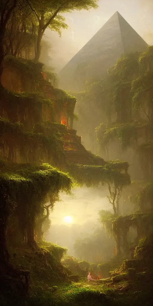 Image similar to ancient pyramid, overgrown undergrowth vegitation, dark volumentric ambient lighting, painting by thomas cole and greg rutkowski