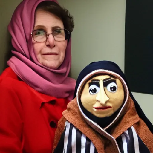 Prompt: portrait of a babushka with a John Oliver puppet