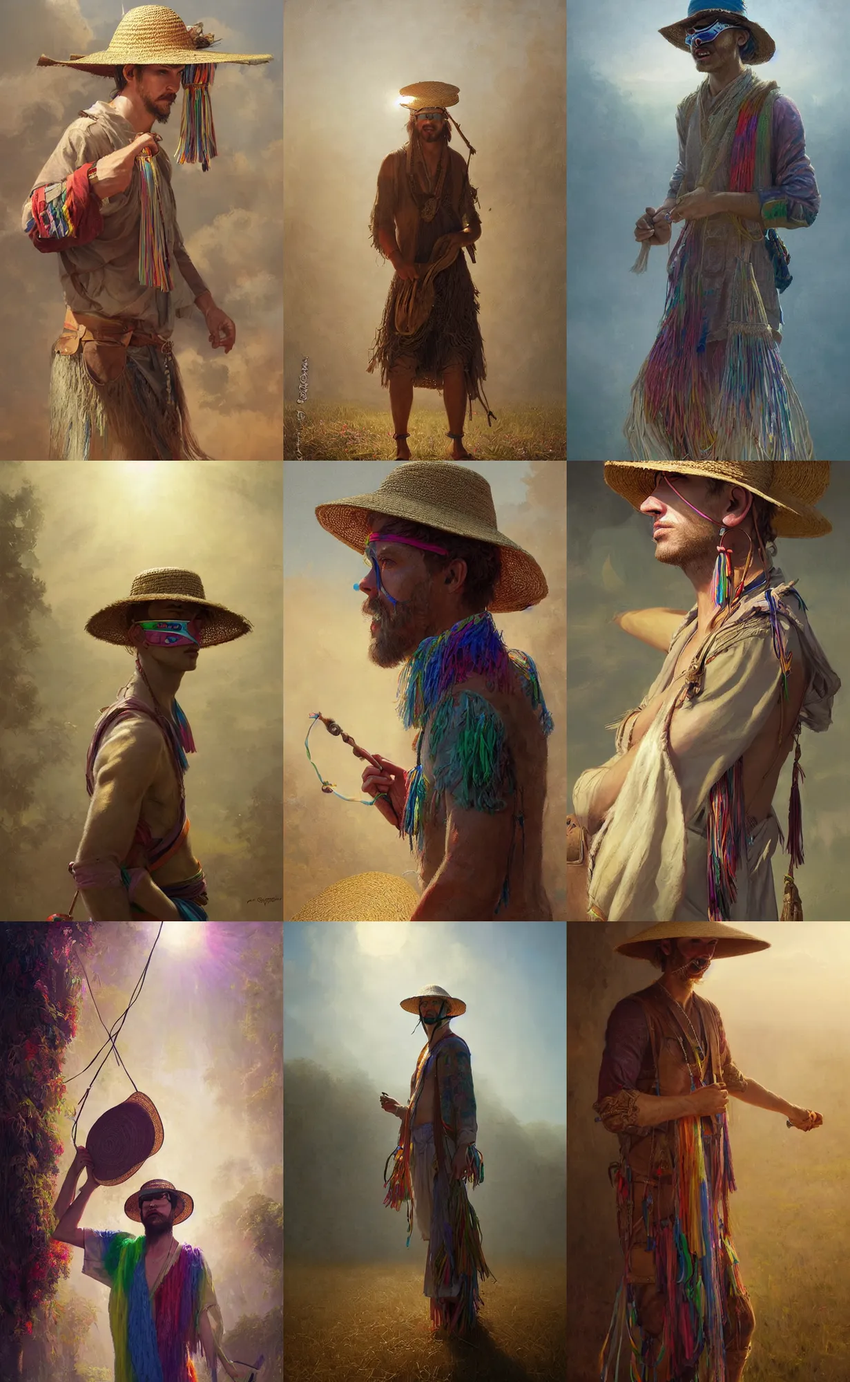 Prompt: portrait of a man wearing a blindfold over his eyes, rainbow colored tunic, straw hat with hanging tassels, fantasy, highly detailed, cinematic lighting, digital art painting by greg rutkowski