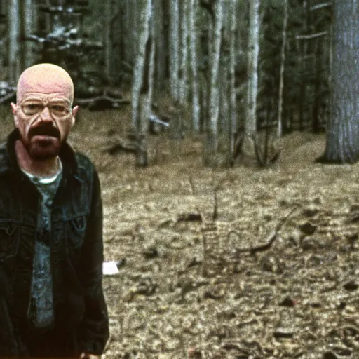 Prompt: A still of Walter White in The Blair Witch Project (1980)