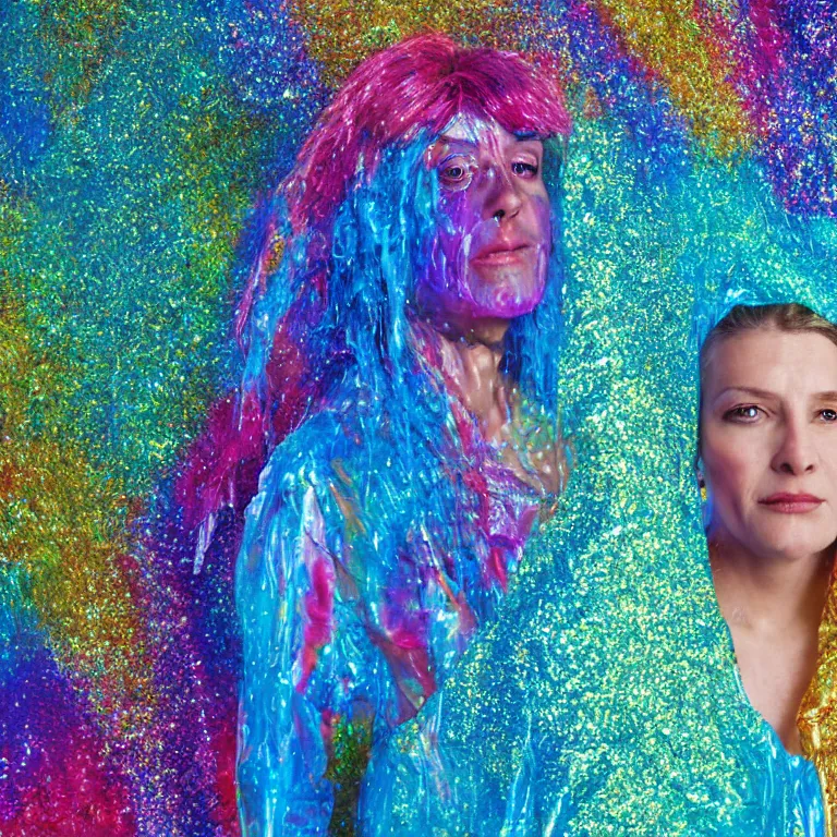 Image similar to octane render portrait by wayne barlow and carlo crivelli and glenn fabry, a woman wearing a clear plastic suit full of colorful thick fluid full of glitter, standing in front of a giant sheet of tie - dye aluminum foil, cinema 4 d, ray traced lighting, very short depth of field, bokeh