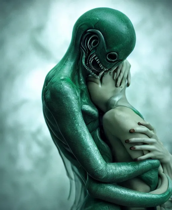 Image similar to xenomorph hugging pale sad beauty, dark emerald mist colors, giger background liminal void, cinematic lighting, realistic, award winning photograph, various refining methods, micro macro autofocus