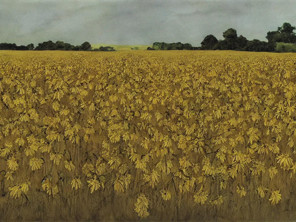 Prompt: Field of withered sunflowers and lotuses painted by Andrew Wyeth.