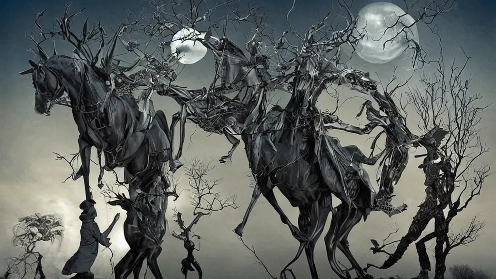 Image similar to washington irving's headless horseman theme surrealist art in the styles of igor morski, jim warren, and a tim burton film, intricate, hyperrealistic, volumetric lighting