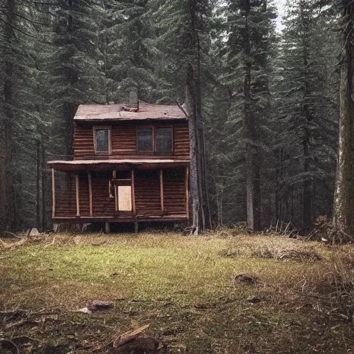 Prompt: a photo of a Eerie cabin in the middle of the woods in the style of blurry iphone footage