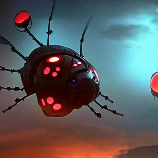 Image similar to film still, ladybug futuristic ( ( descendants ) ), ladybug quadruped with big rgb eyes, huge ladybug mothership, epic cosmos, dramatic lighting, the fellowship of the ring ( film ) blade runner ( film ) genre. imax, 7 0 mm.