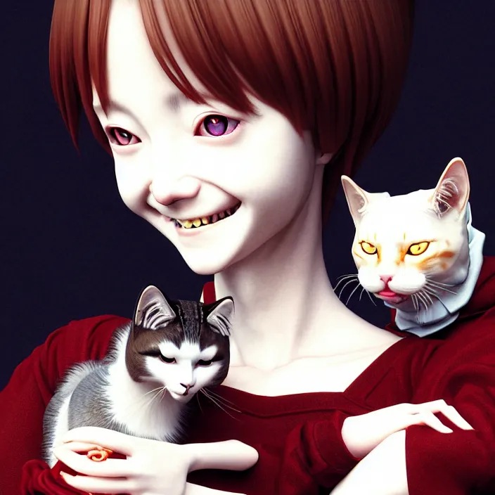 Image similar to renaissance portrait of the secretive vampire girl loner smiling at her cat, by katsuhiro otomo, yoshitaka amano, nico tanigawa, and artgerm rendered with 3 d effect.