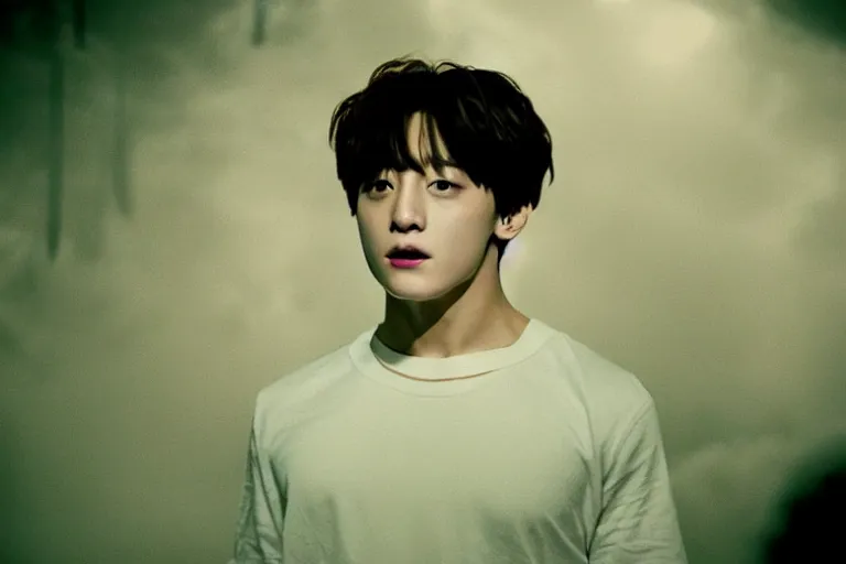 Image similar to film still of jungkook in cosmic horror! the musical by david cronenberg, horror sci fi, 3 5 mm film, atmospheric, ultra fine detail, film grain, photorealistic, dramatic lighting