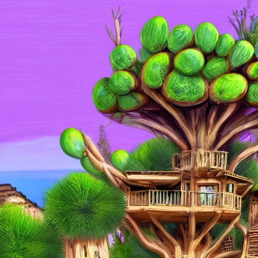 Image similar to fancy treehouse mansion built in a giant cactus on top of plateau overlooking grand canyon detailed 4 k digital painting