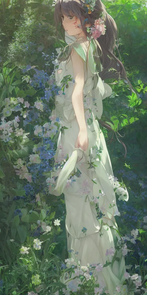 Image similar to a loli with long hair in a dress in the privet garden at after noon, green and warm theme, blue accents, low angle, back lighting, highly detailed, 4 k resolution, trending on art station, by krenz cushart and mucha and akihito yoshida and greg rutkowski