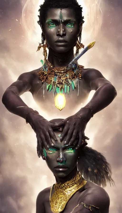 Image similar to epic masterpiece portrait of a dark skin sorceress with a magic wand, on the battlefield, african tribe makeup and jewelry, sweaty skin, hyperrealistic, octane render, cinematic, followed by heads with many faces, beautiful face and flawless skin, perfect hands, emeralds by Edgar Maxence and Ross Tran and Michael Whelan, Legends of Runeterra