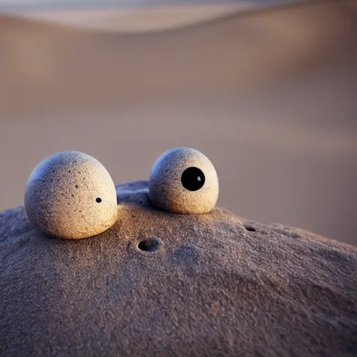 Image similar to a smooth stone that has 2 googly eyes. on a desert cliff with a blurry background.