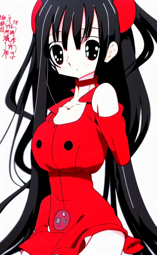 Image similar to anime girl with a detailed face and black hair in a red outfit, full body, trending, wide shot, illustration, by hiroyuki imaishi