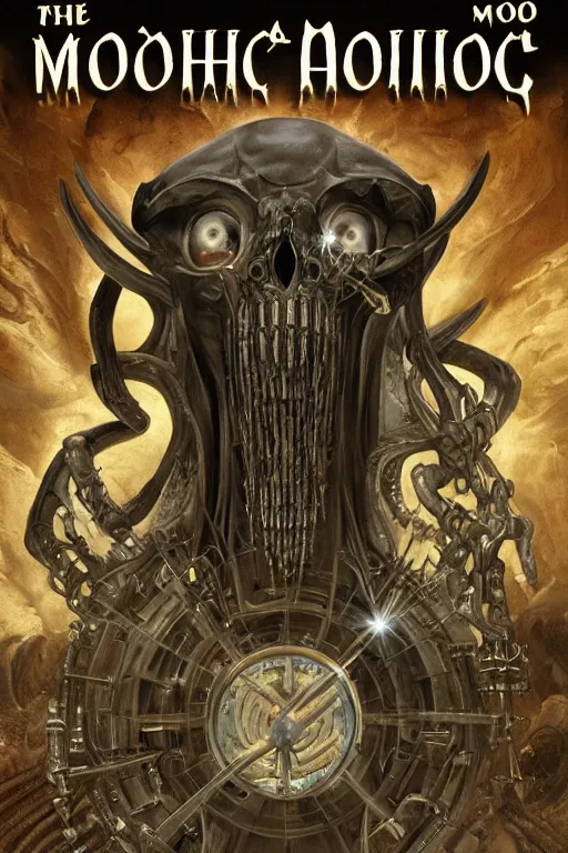 Image similar to Moloch, whose mind is pure machinery, eerie, sinister, horror, illustrated by Anne Stokes and H R Giger and Adrian Borda, super detailed, 4k, 8k