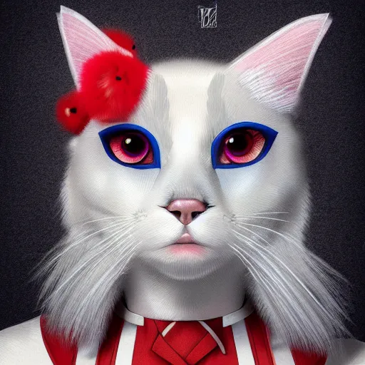 Image similar to graphic, hyperreal, portraiture illustration of a anthropomorphic beautiful ragdoll cat in different marvel - roll cosplay clothes, trending on artstation