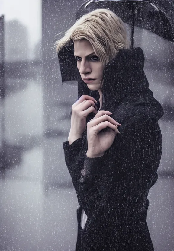 Image similar to cosmopolitan model annie leonhart posing in dunwall city, beautiful face, detailed face, realistic eyes, cinematic lighting, rainy weather, melancholy atmosphere, volumetric light, gothic architecture, realistic reflections, model agency, instagram photo, depression atmosphere, shot on sony a 7 iii