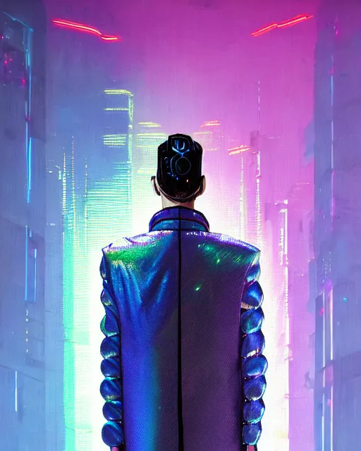 Prompt: detailed portrait of European Professional Fashion Male Model Sheen Holographic Jacket coat, Futuristic sci-fi fashion, royal attire Akira, Evangelion, cyberpunk, neotokyo, synthwave, aesthetics, futuristic, low-emission-neon, bladerunner movie scene by ismail inceoglu dragan bibin hans thoma greg rutkowski Alexandros Pyromallis Nekro Rene Margitte illustrated Perfect face, fine details, realistic shaded, fine-face, pretty face sharp chine