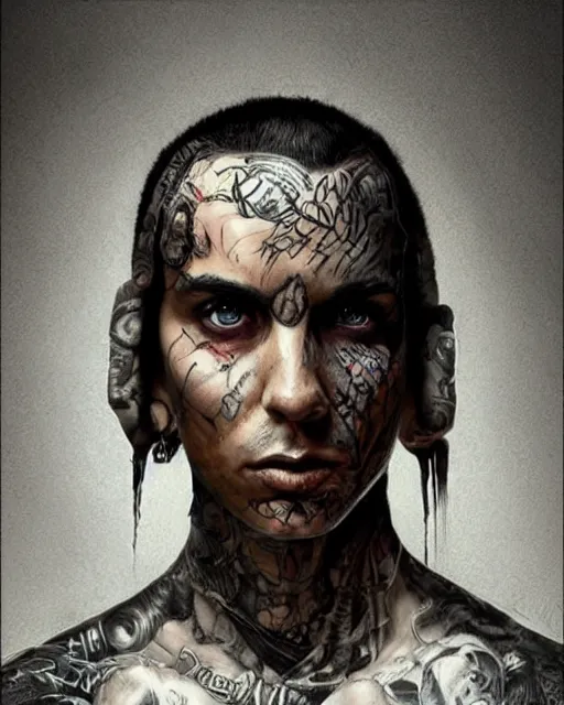 Prompt: travis barker, hyper realistic face, beautiful eyes, fantasy art, in the style of greg rutkowski, intricate, hyper detailed, smooth