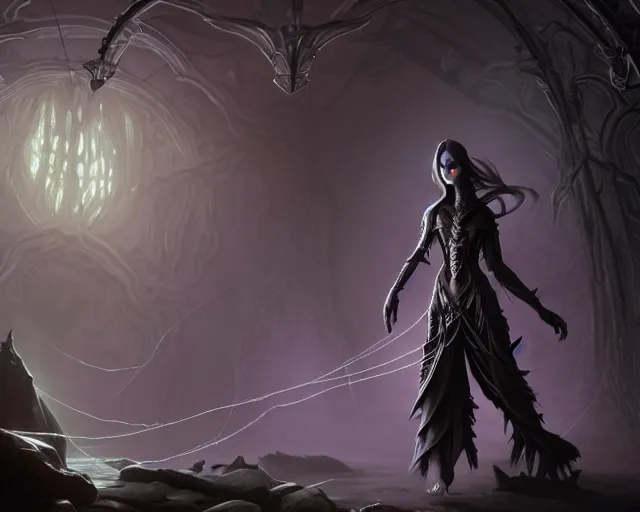 Prompt: a 4 k cinematic screenshot still portrait of a dark elf in a dark liminal space room surrounded by spider webs, deep focus, d & d, fantasy, intricate, elegant, highly detailed, digital painting, art station, concept art, matte, sharp focus, illustration, dark fantasy style art, hearthstone, art by artgerm and greg rutkowski and alphonse mucha