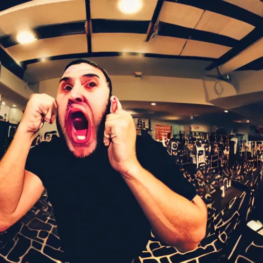 Image similar to Big sweaty guy yelling at you about his favorite cryptocurrency crashing and how it's somehow your fault, fisheye lens, photo