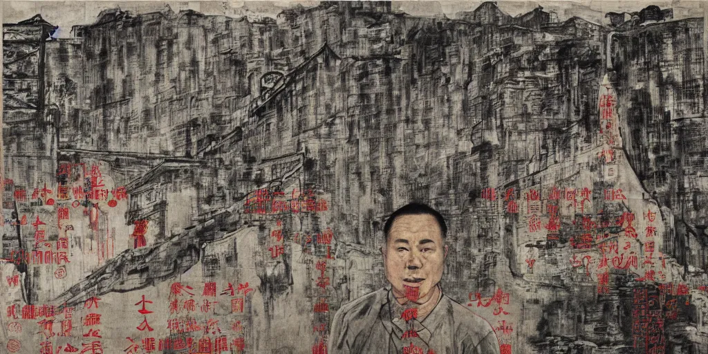 Image similar to a chinese prison near a river by peter doig, overlaid with chinese adverts