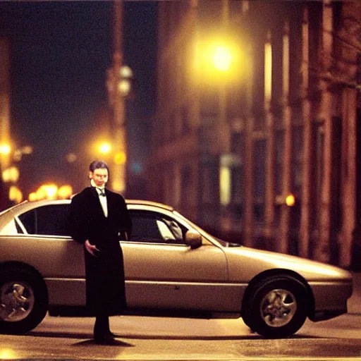 Prompt: 1 9 9 8 peter the great wearing a black wool coat and necktie in his car driving through the streets of chicago at night. cinematic dramatic atmosphere, sharp focus, soft volumetric studio lighting. high detail, photorealistic