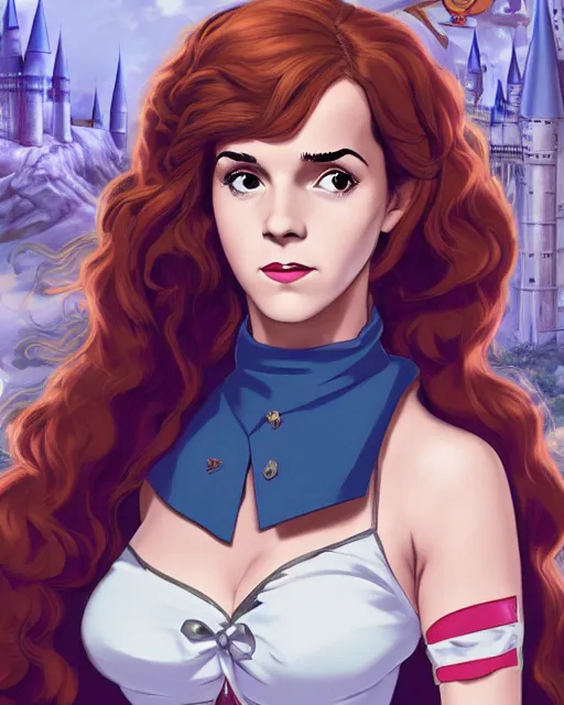 Prompt: pinup photo of hermione granger by emma watson in the crowded square of hogwarts, asuna by a - 1 pictures, by by andrei riabovitchev, james jean, gil elvgren, enoch bolles, glossy skin, pearlescent, anime, very coherent, sao style anime, flat