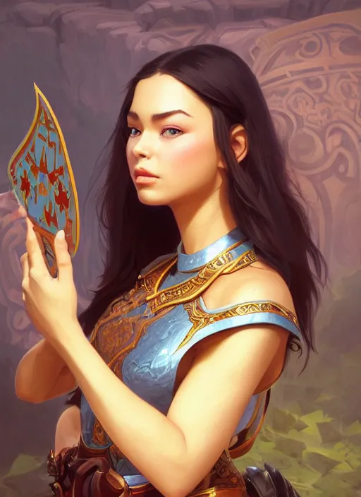 Image similar to portrait of russian mexican asian girl jodhpurs hyperborea lemuria, deep focus, d & d, fantasy, intricate, elegant, highly detailed, digital painting, artstation, concept art, matte, sharp focus, illustration, hearthstone, art by rhads by artgerm and greg rutkowski and alphonse mucha