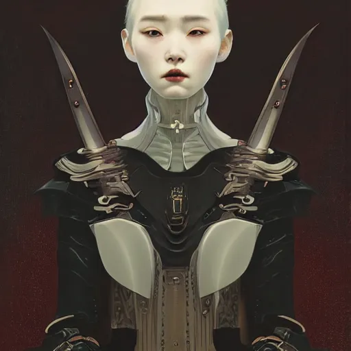 Prompt: portrait girl with armor in style of ghost blade by by hsiao ron cheng, tetsuya ichida, bizarre compositions, tsutomu nihei, exquisite detail, extremely moody lighting, 8 k, art nouveau, old chines painting, art nouveau