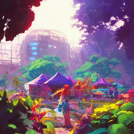 Image similar to hippie bohemian encampment with tie - dye tents and a garden. cyberpunk art by jesper ejsing, by rhads and makoto shinkai and lois van baarle and ilya kuvshinov and rossdraws, cgsociety, panfuturism, nature utopia, bold colors, expressive brushstrokes. anime aesthetic