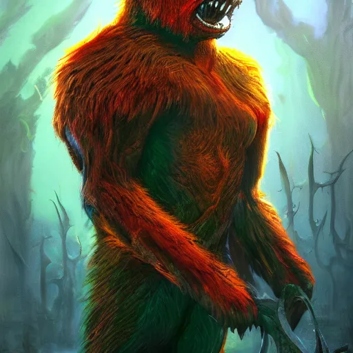 Image similar to bright, colorful, realistic, detailed from Elder Scrolls: shivering isles concept portrait monster wear-bear backlighting, kodachrome, high contrast, highly detailed, sharp focus, digital painting, concept art, illustration, trending on artstation, comic book by Alex Ross and Adam Adamowicz cover art